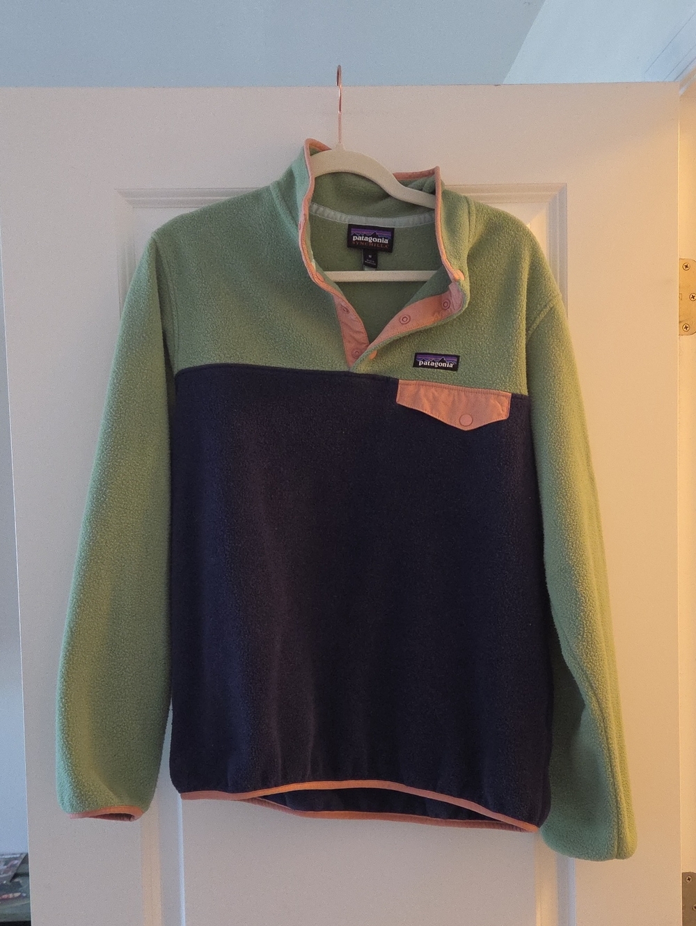 Patagonia Zip-Up Fleece Pullover - Light Green, Navy & Peach Trim